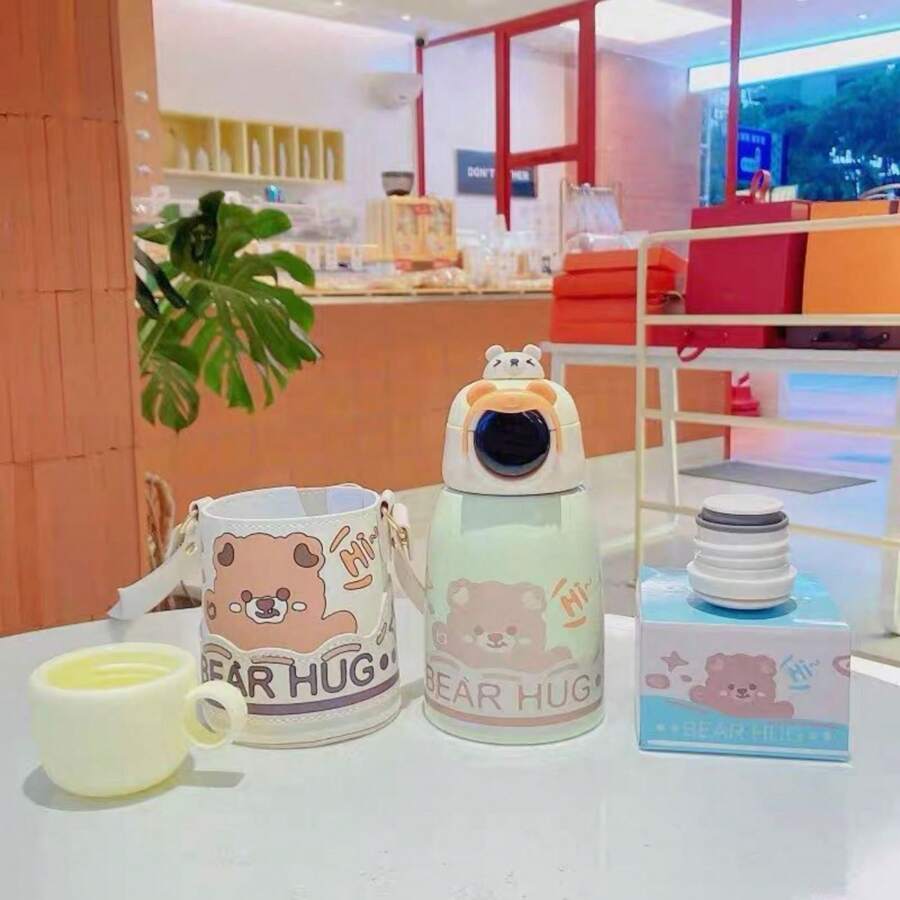 Bear Hug Stainless Steel Digital Water Bottle For Kids with carry bag, additional cup and sipper 500 ML (Cream)