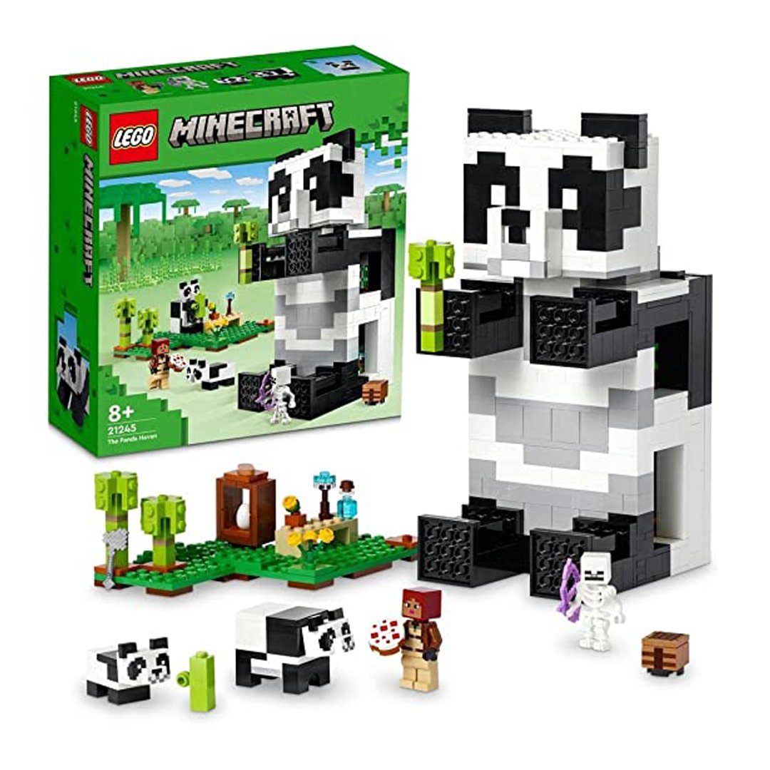 LEGO Minecraft The Panda Haven 21245 set with 553 pieces, featuring a panda-shaped house, panda mobs, and fun Minecraft-themed accessories.