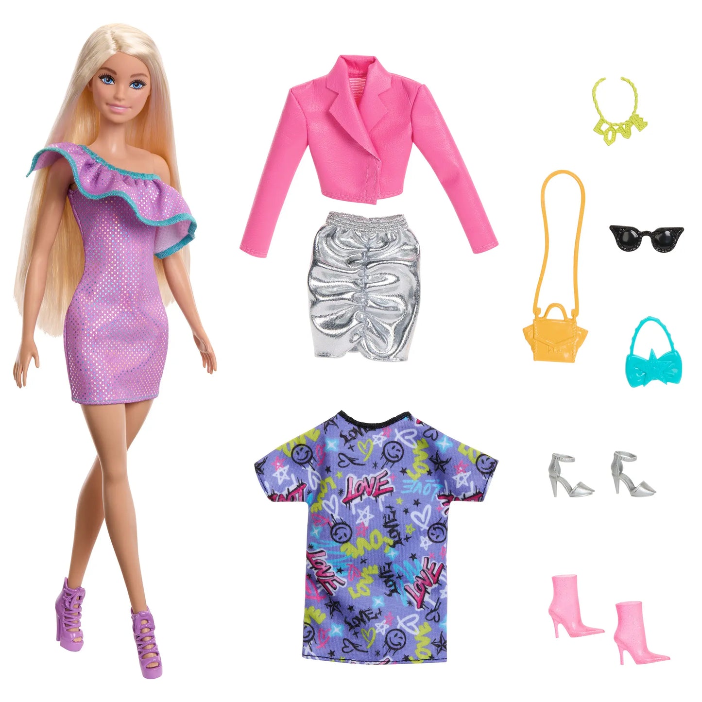 Barbie Doll with Clothes and Accessories, Blond Hair and 3 Party-Themed Mix-and-Match Outfits Including Dresses, Purses and Heels
