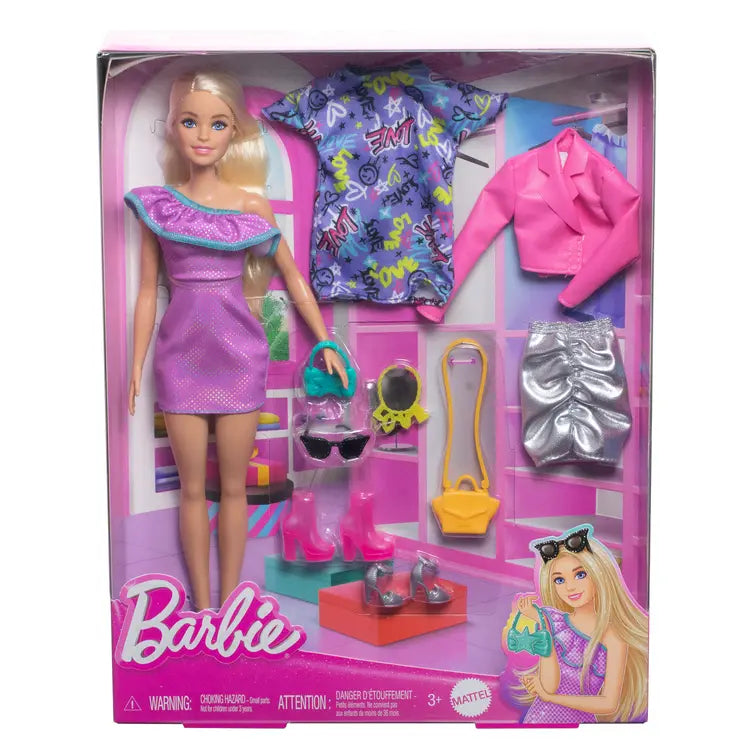 Barbie Doll with Clothes and Accessories, Blond Hair and 3 Party-Themed Mix-and-Match Outfits Including Dresses, Purses and Heels