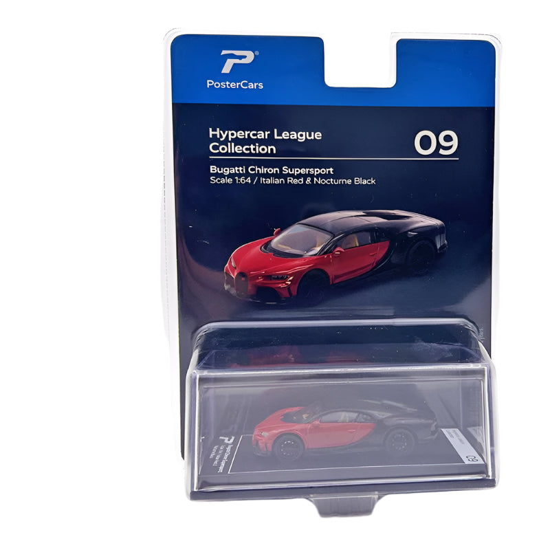 Model car packaging with Bugatti Chiron Supersport in red and black, displayed against a white background.