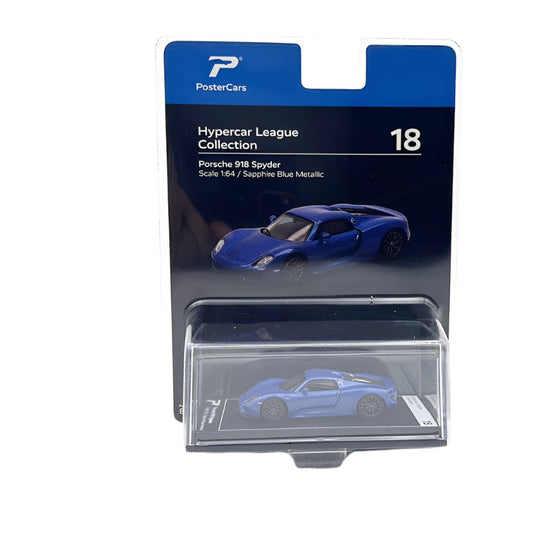 PosterCars 1:64 Porsche 918 Spyder – Sapphire Blue Metallic | Hypercar League Diecast Model for Collectors