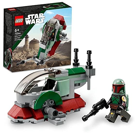 LEGO Star Wars Boba Fett’s Starship Microfighter 75344 set with 85 pieces, featuring a mini starship and Boba Fett minifigure for action-packed play.