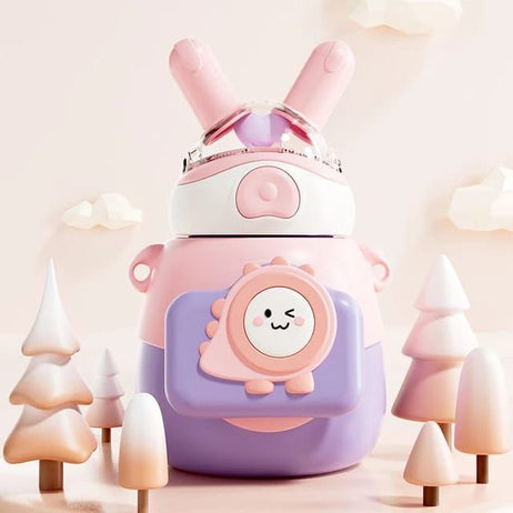 Lookoy Penguin Stainless Steel Water Bottle With Straw 550 ML (Pink)