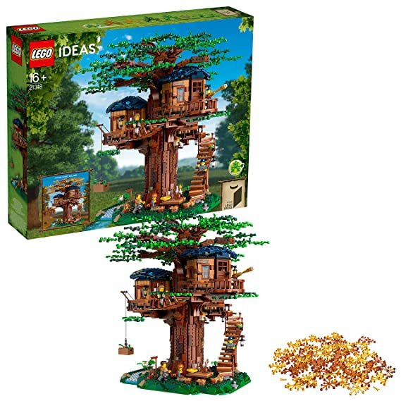 LEGO Ideas Tree House 21318 set with 3,036 pieces, showcasing a detailed treehouse model with interchangeable leaves and minifigures.