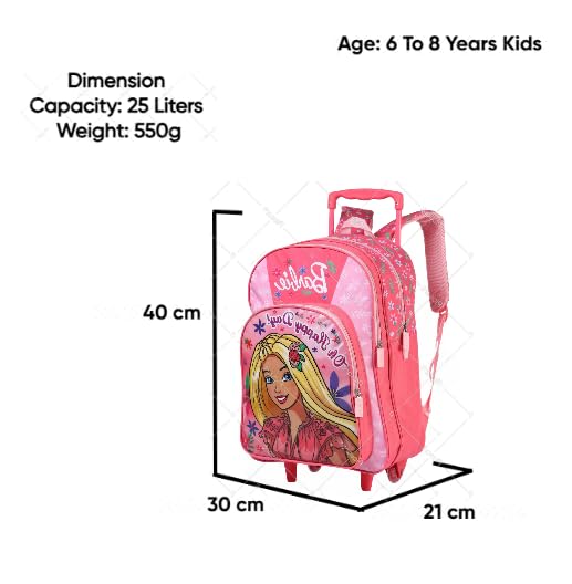 STRIDERS Barbie 16-Inch Trolley School Bag for Kids (6-8 Years) Durable Rolling Backpack for Girls Pink Cartoon School Bag