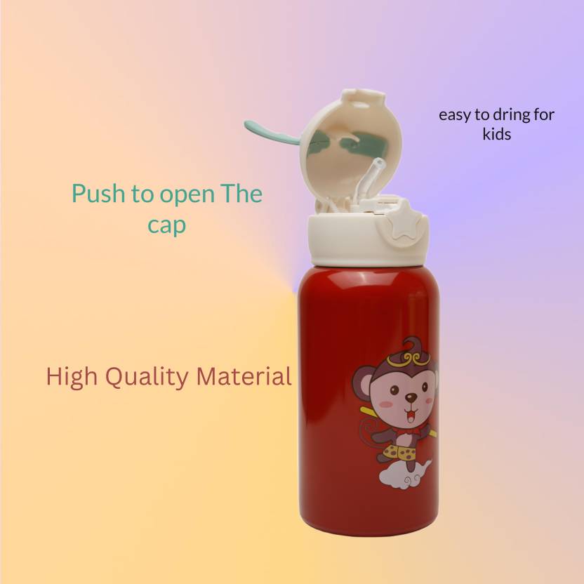 Deer Stainless Steel Water Bottle For Kids with carry bag, additional cup and sipper 500 ML (Red)