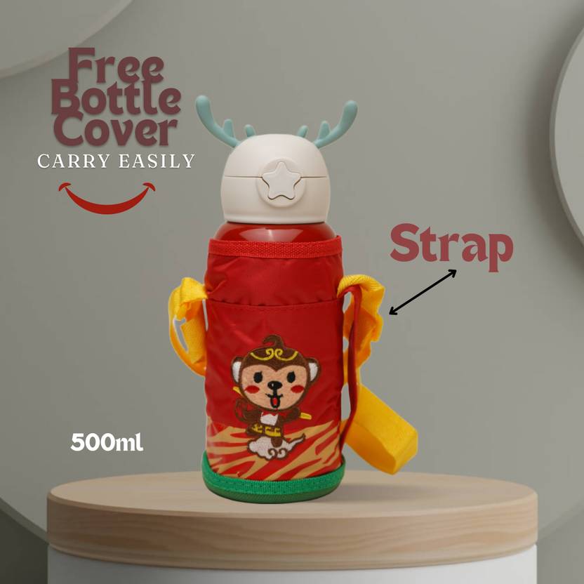 Deer Stainless Steel Water Bottle For Kids with carry bag, additional cup and sipper 500 ML (Red)