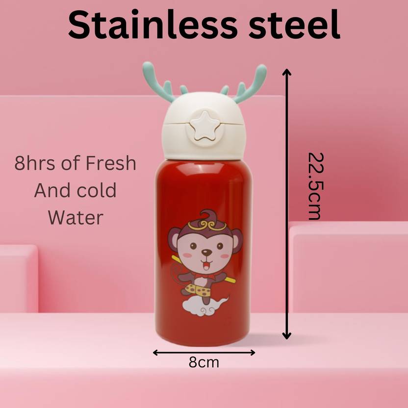Deer Stainless Steel Water Bottle For Kids with carry bag, additional cup and sipper 500 ML (Red)