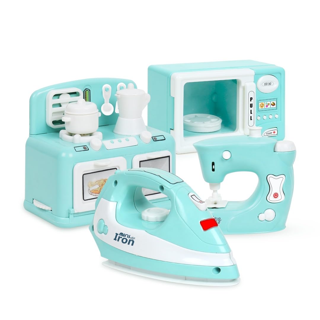 Pablo Honey Mini Iron, Microwave, Oven & Sewing Machine Household Play Set (Blue)