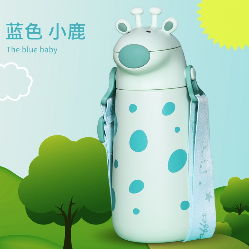 Kids Green Giraffe Thermos Flask Water Bottle with One-Touch Flip Lid and Straw, Stainless Steel Bottle 400 ML