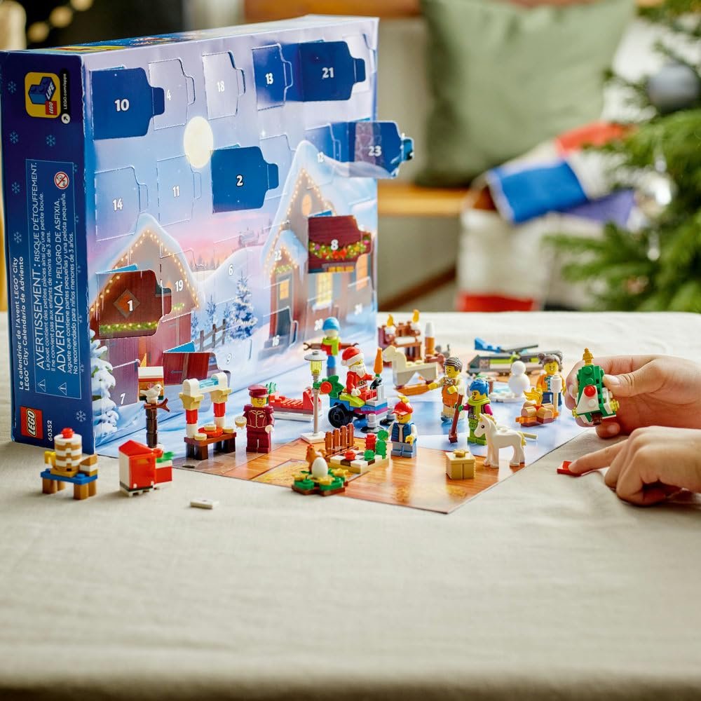 LEGO City 60352 Advent Calendar set showcasing festive builds and minifigures.