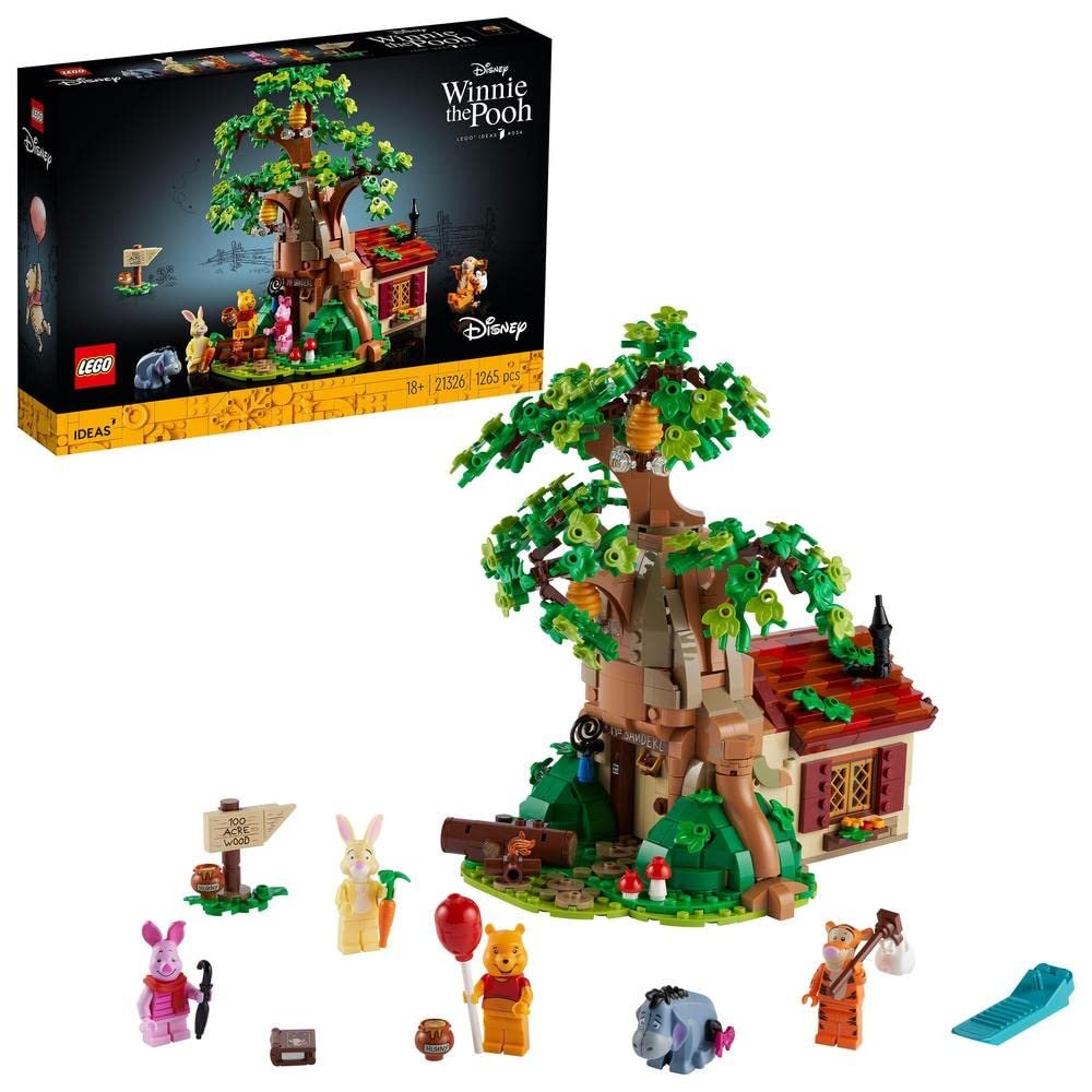 LEGO Ideas Disney Winnie The Pooh 21326 building kit with 1,265 pieces, featuring Pooh, Tigger, and other characters from the Hundred Acre Wood.