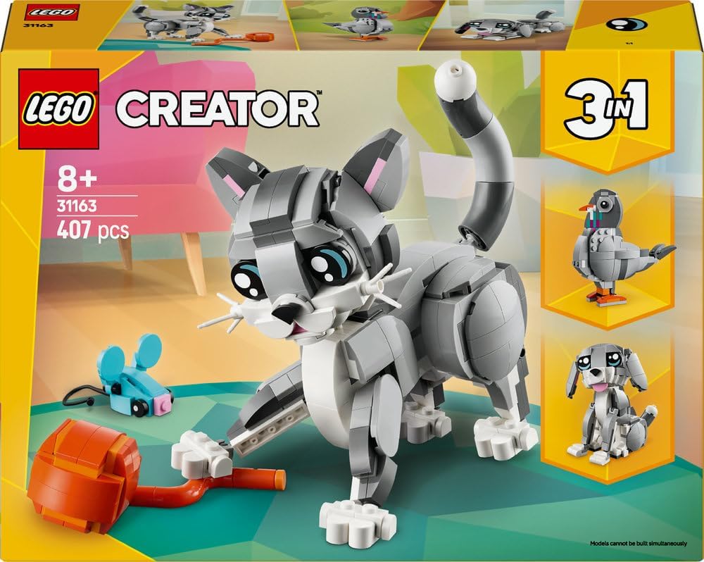 LEGO Creator 3in1 Playful Cat Toy - Transforms into a Pigeon or Pet Dog Figure - Animals Building Set for Kids, 8+ Year Old Girls & Boys - Creative Birthday Gift Idea - 31163