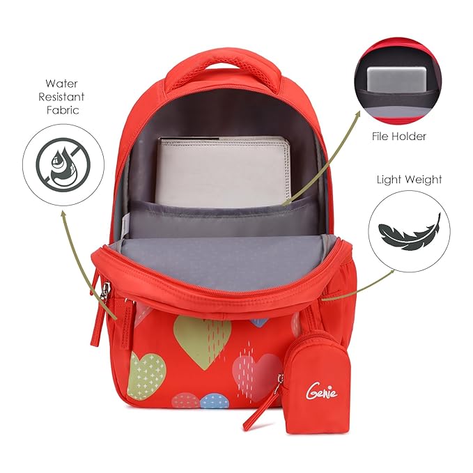 Genie Maisy Kids Backpacks, 15 inches, Cute, Colourful bags for girls, Water Resistant and Lightweight. 3 compartment with Happy Pouch