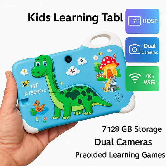 Kids Learning Tablet – 7" HD, 128GB, Dual Cameras, 4G/WiFi, Parental Lock, Fall-Proof Cover (Dinosaur - Green)