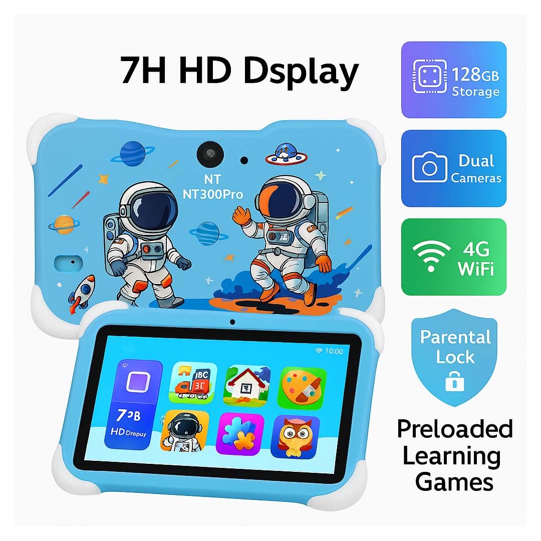 Kids Learning Tablet – 7" HD, 128GB, Dual Cameras, 4G/WiFi, Parental Lock, Fall-Proof Cover (Unicorn - Purple)
