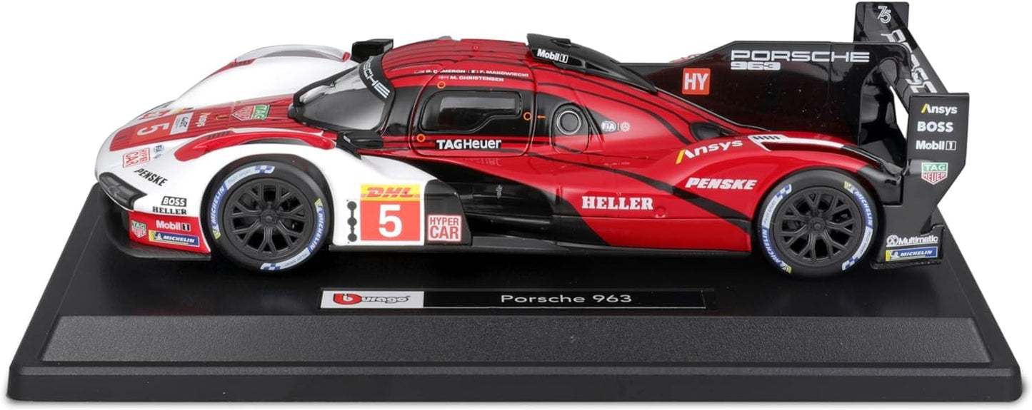 Bburago Metal Die-Cast - 1/24 Scale Model Compatible With Porsche Lmh 963 9Rd 4.6L Turbo V8 2023 Sports - Racing Car Model Red