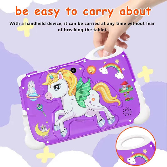Kids Learning Tablet – 7" HD, 128GB, Dual Cameras, 4G/WiFi, Parental Lock, Fall-Proof Cover (Unicorn - Purple)