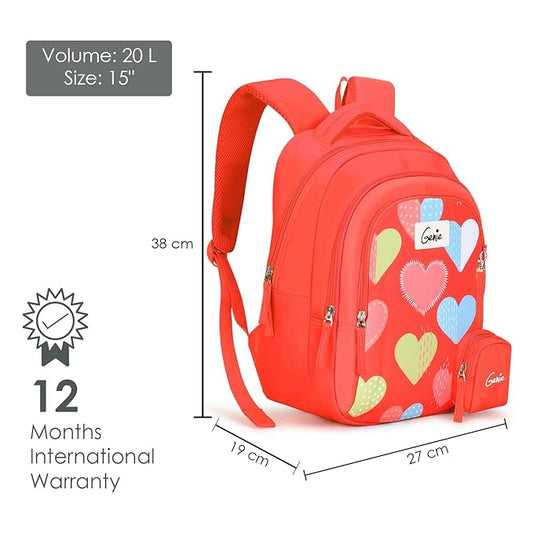 Genie Maisy Kids Backpacks, 15 inches, Cute, Colourful bags for girls, Water Resistant and Lightweight. 3 compartment with Happy Pouch