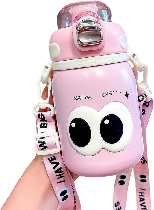 Cute Big Eyes Ding Insulation Cup Cartoon Portable Double Drinking Straw Cup 550 ML (Pink)