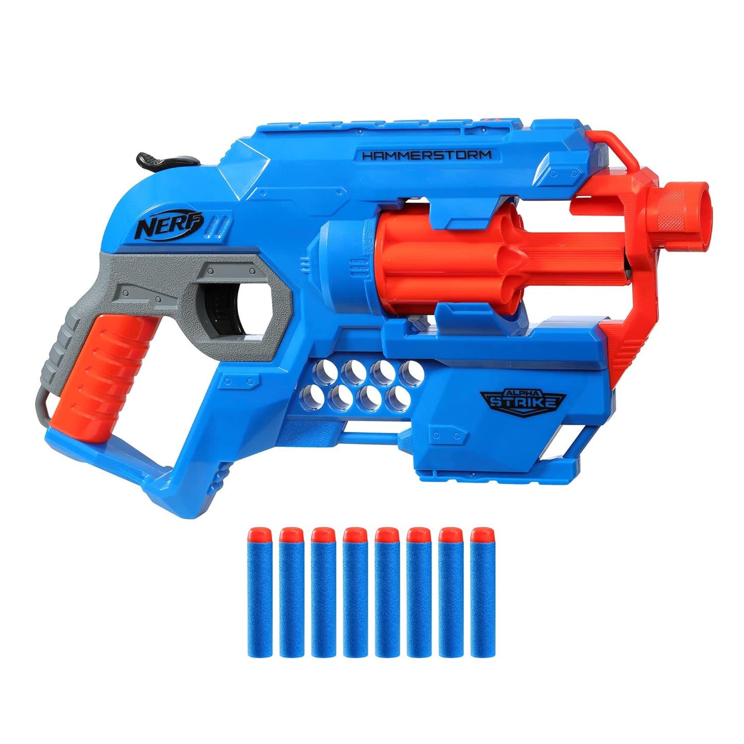 Nerf Alpha Strike Hammerstorm Blaster – Hammer-Priming Action, Rotating 8-Dart Drum, 8 Official Nerf Elite Darts – for Children, Teens, Adults, Multicolor