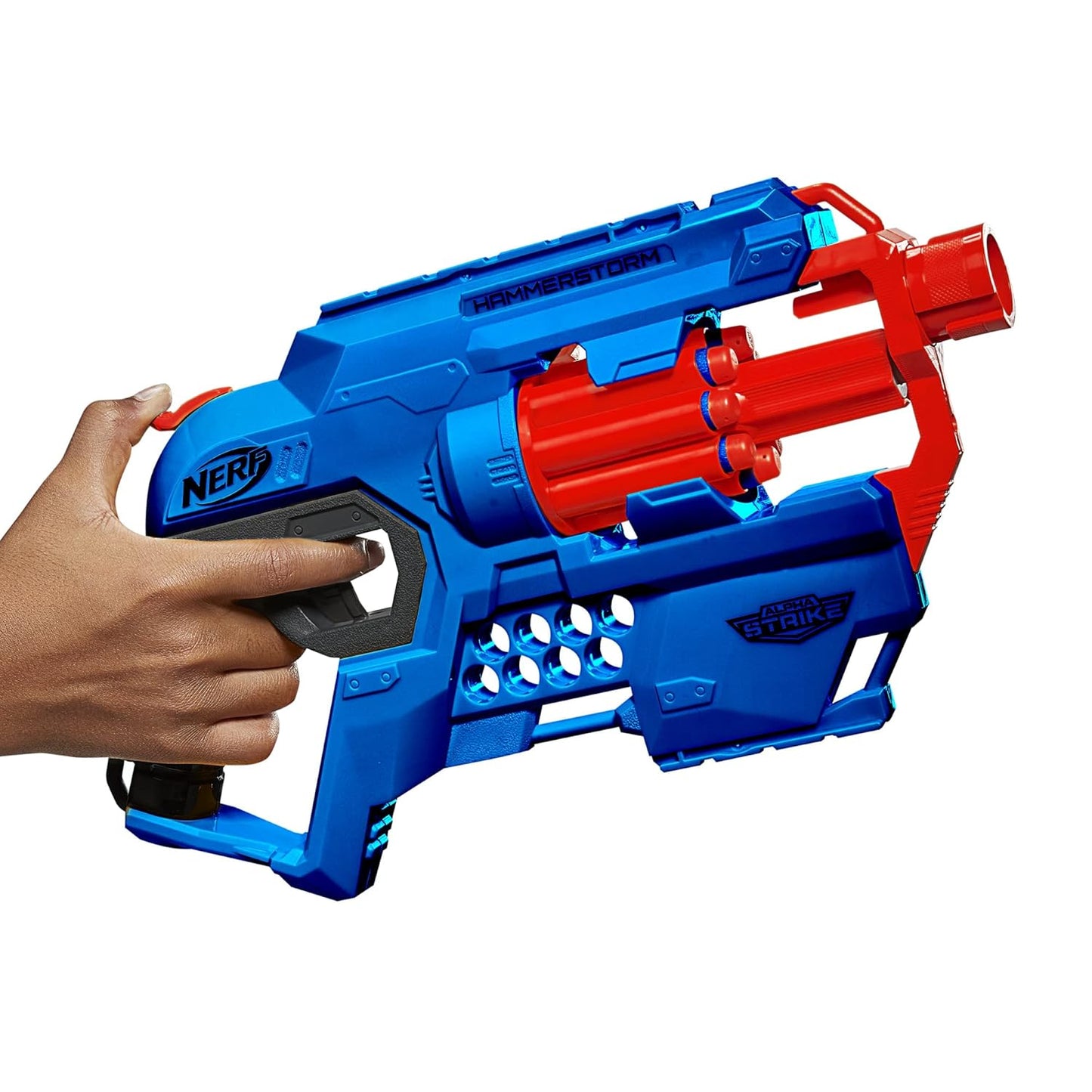 Nerf Alpha Strike Hammerstorm Blaster – Hammer-Priming Action, Rotating 8-Dart Drum, 8 Official Nerf Elite Darts – for Children, Teens, Adults, Multicolor