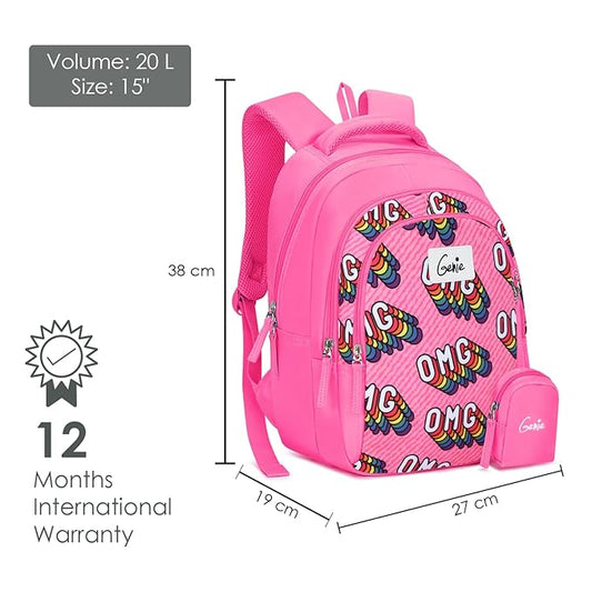 Genie School Bags OMG Kids Backpack – 15" Cute & Colorful Bag for Girls with Happy Pouch