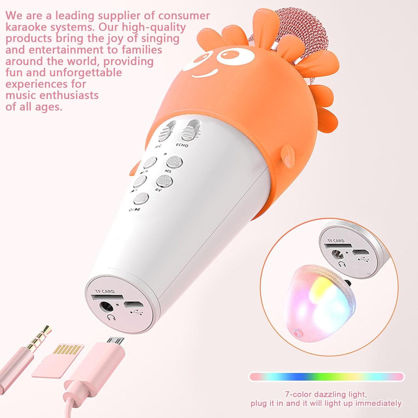 Wireless Bluetooth Karaoke Microphone, Portable 4D Stereo Mircophone with LED 7 Colorful Light, Intelligent Sound Repair Mic Speaker (Orange)