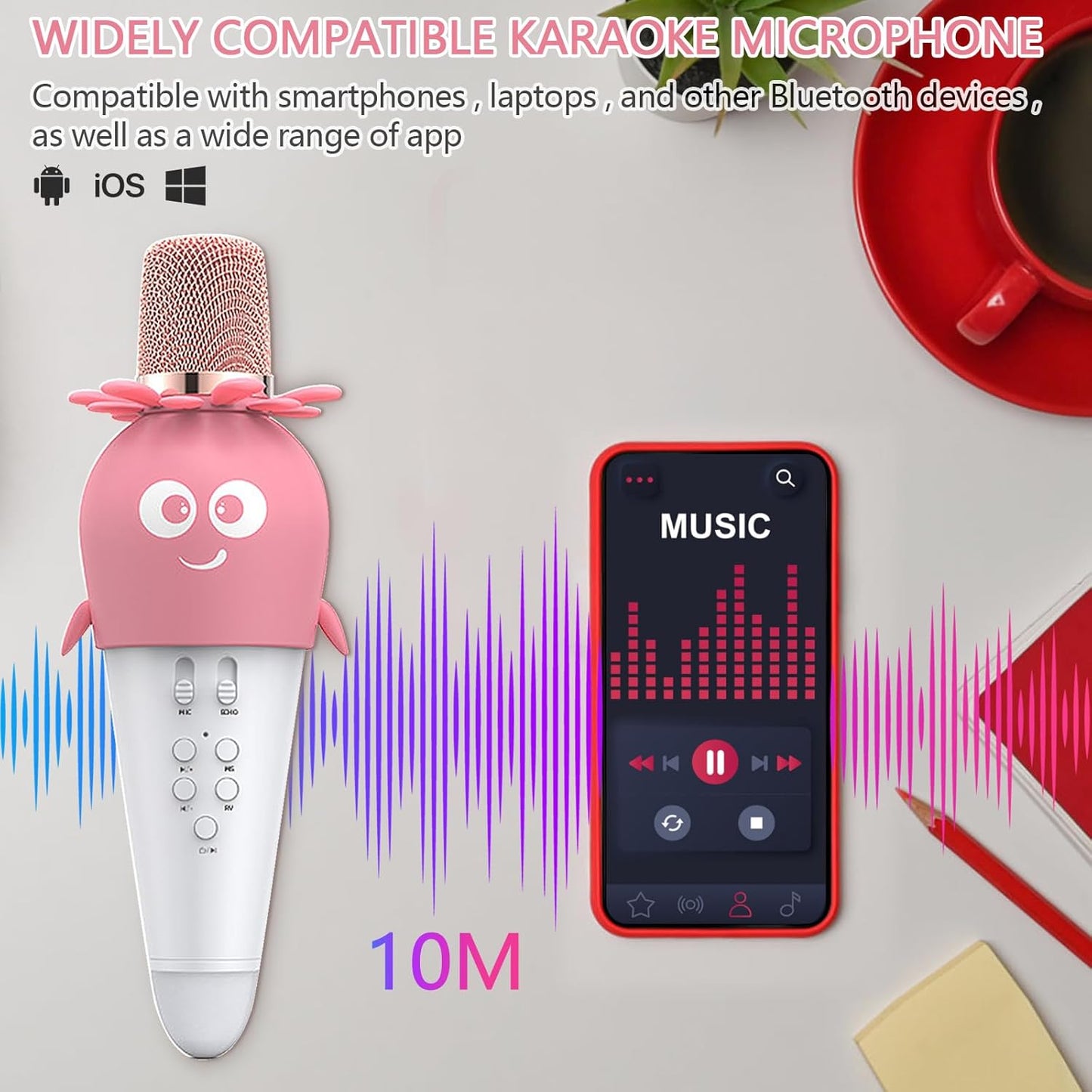 Wireless Bluetooth Karaoke Microphone, Portable 4D Stereo Mircophone with LED 7 Colorful Light, Intelligent Sound Repair Mic Speaker (Pink)