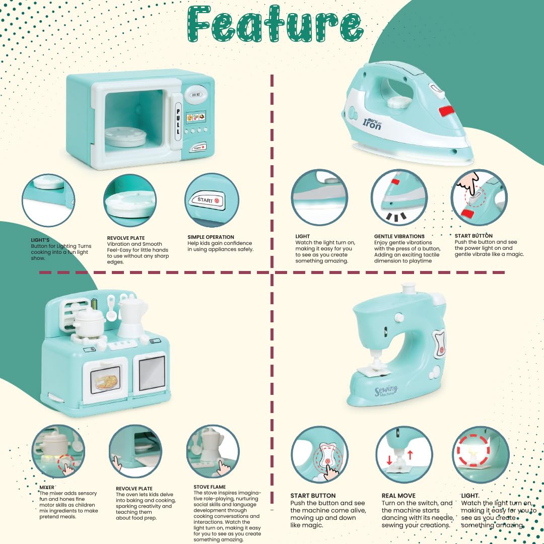 Pablo Honey Mini Iron, Microwave, Oven & Sewing Machine Household Play Set (Blue)