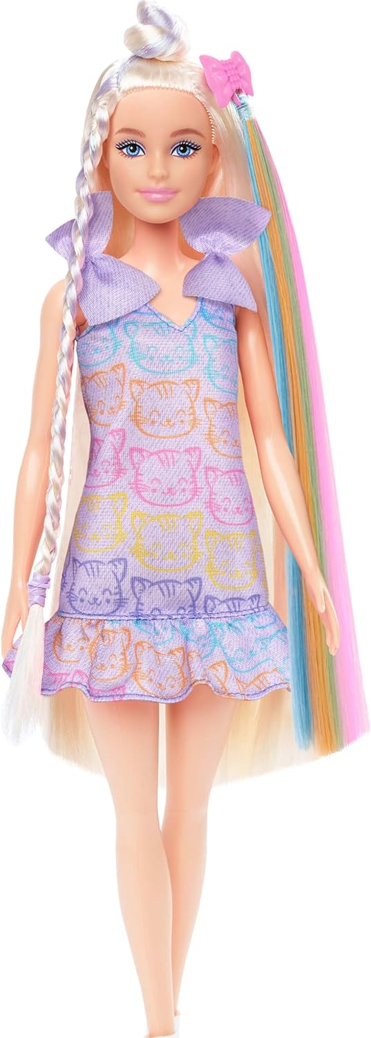 Barbie Fun & Fancy Blonde Fashion Doll – Extra-Long Hair, 2 Stylish Looks, Silver Metallic Dress & Colorful Hair Extension, Doll & Accessories Gift Set