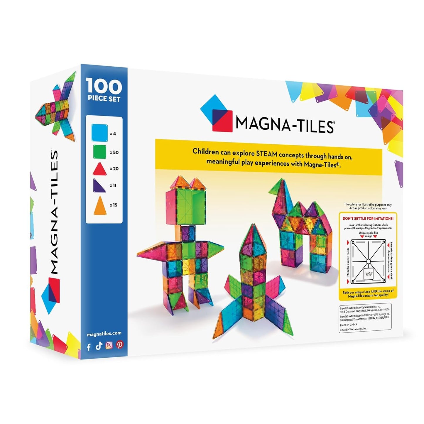 agna-Tiles Magnetic Building Toys,Clear Colors Set,Multi Color (100 Pieces)
