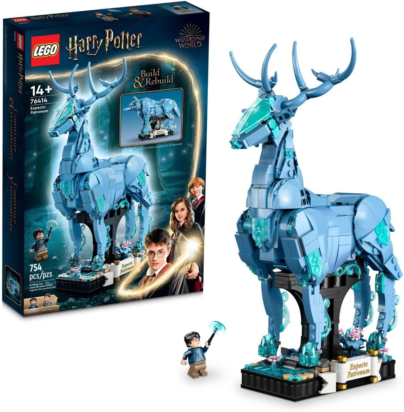 LEGO Harry Potter Expecto Patronum 76414 set featuring posable stag and wolf Patronus models, each with translucent light-blue elements and accompanying minifigures.