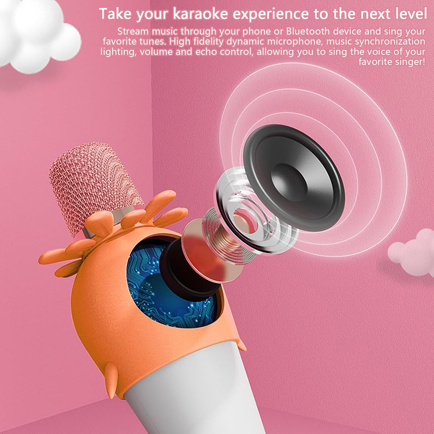 Wireless Bluetooth Karaoke Microphone, Portable 4D Stereo Mircophone with LED 7 Colorful Light, Intelligent Sound Repair Mic Speaker (Orange)