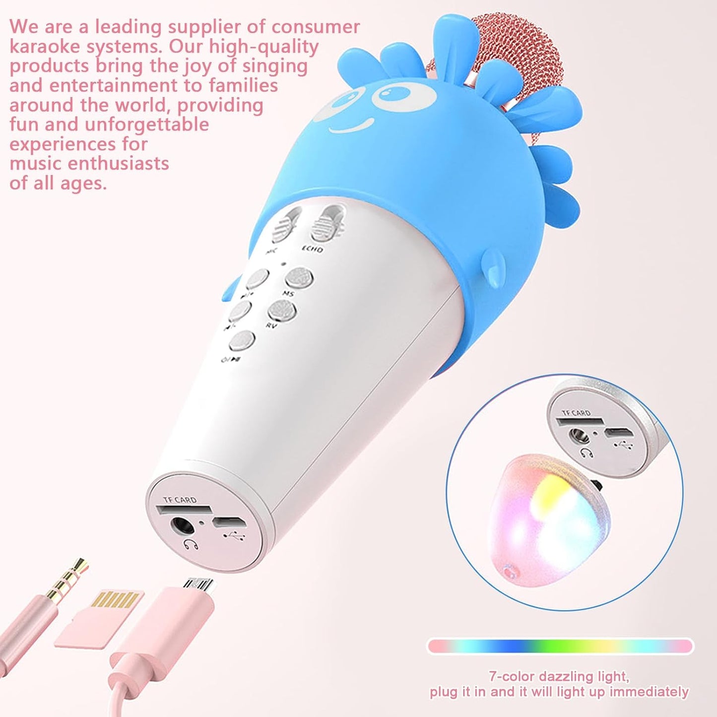 Wireless Bluetooth Karaoke Microphone, Portable 4D Stereo Mircophone with LED 7 Colorful Light, Intelligent Sound Repair Mic Speaker (Blue)