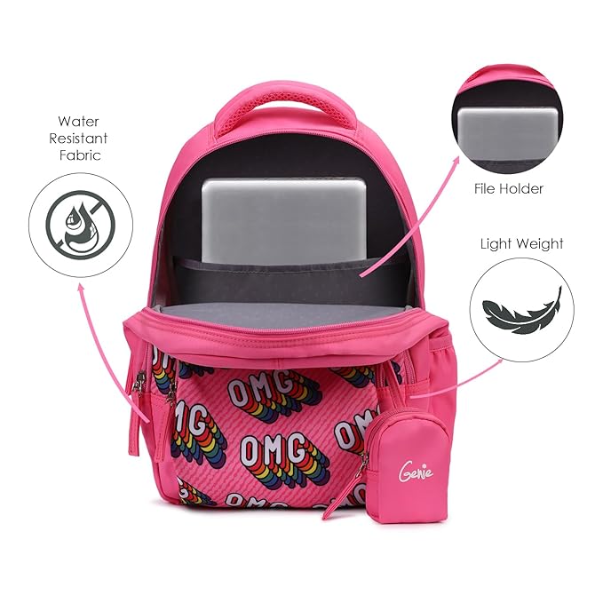 Genie School Bags OMG Kids Backpack – 15" Cute & Colorful Bag for Girls with Happy Pouch