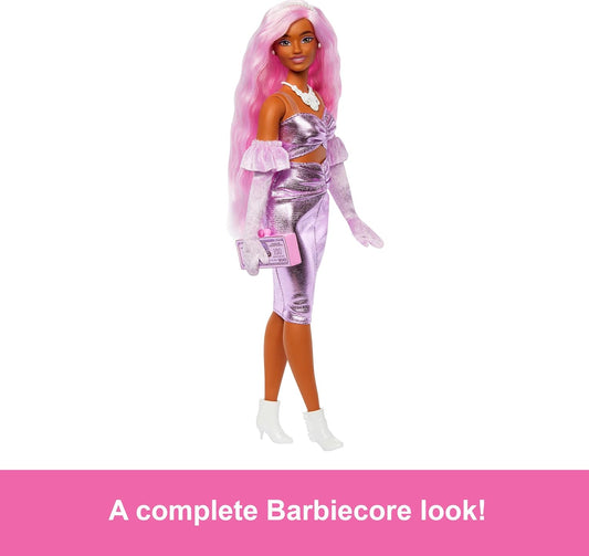Barbie Deluxe Style Doll #1 in Barbiecore Outfit, Pink Hair and Glossy Pink Dress with Accessories Like Velvet Gloves, Money Purse, and More