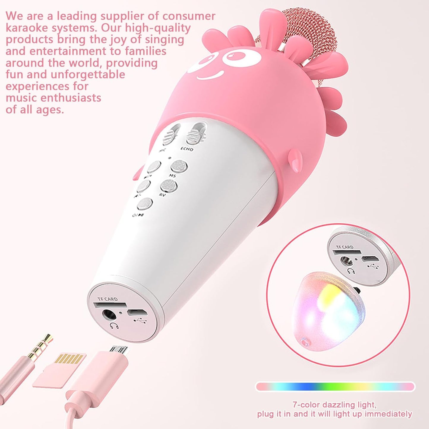 Wireless Bluetooth Karaoke Microphone, Portable 4D Stereo Mircophone with LED 7 Colorful Light, Intelligent Sound Repair Mic Speaker (Pink)