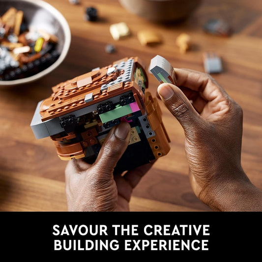 LEGO Star Wars Princess Leia (Boushh) Helmet 75351 set featuring a detailed replica of Leia's bounty hunter disguise with display stand and nameplate.