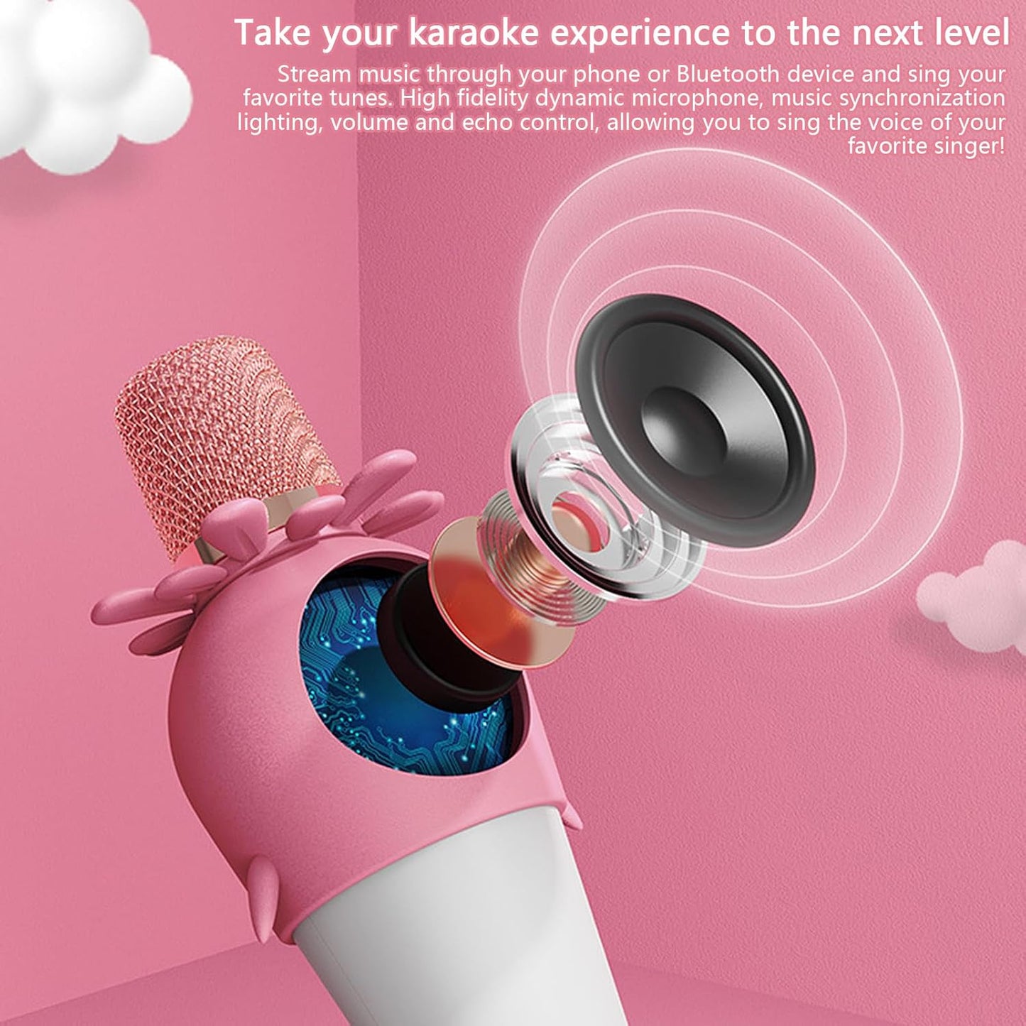 Wireless Bluetooth Karaoke Microphone, Portable 4D Stereo Mircophone with LED 7 Colorful Light, Intelligent Sound Repair Mic Speaker (Pink)