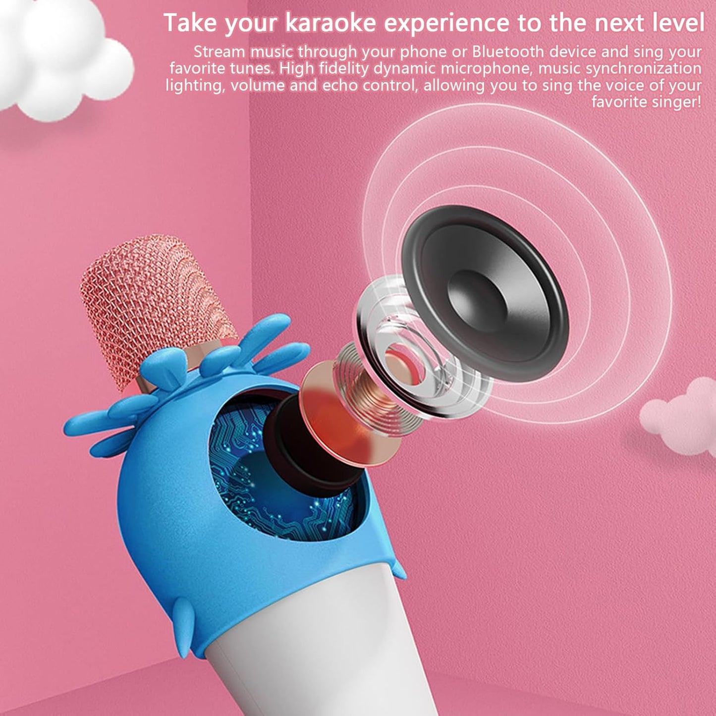 Wireless Bluetooth Karaoke Microphone, Portable 4D Stereo Mircophone with LED 7 Colorful Light, Intelligent Sound Repair Mic Speaker (Blue)