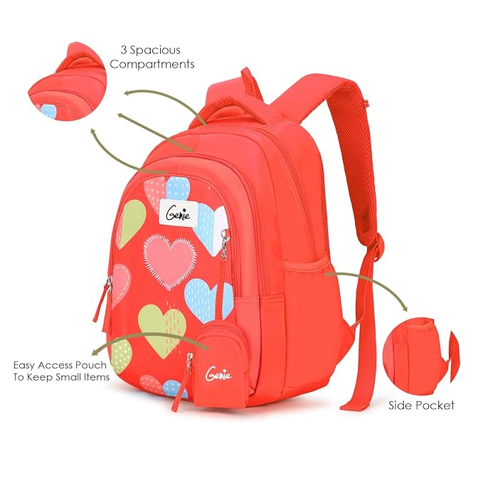 Genie Maisy Kids Backpacks, 15 inches, Cute, Colourful bags for girls, Water Resistant and Lightweight. 3 compartment with Happy Pouch