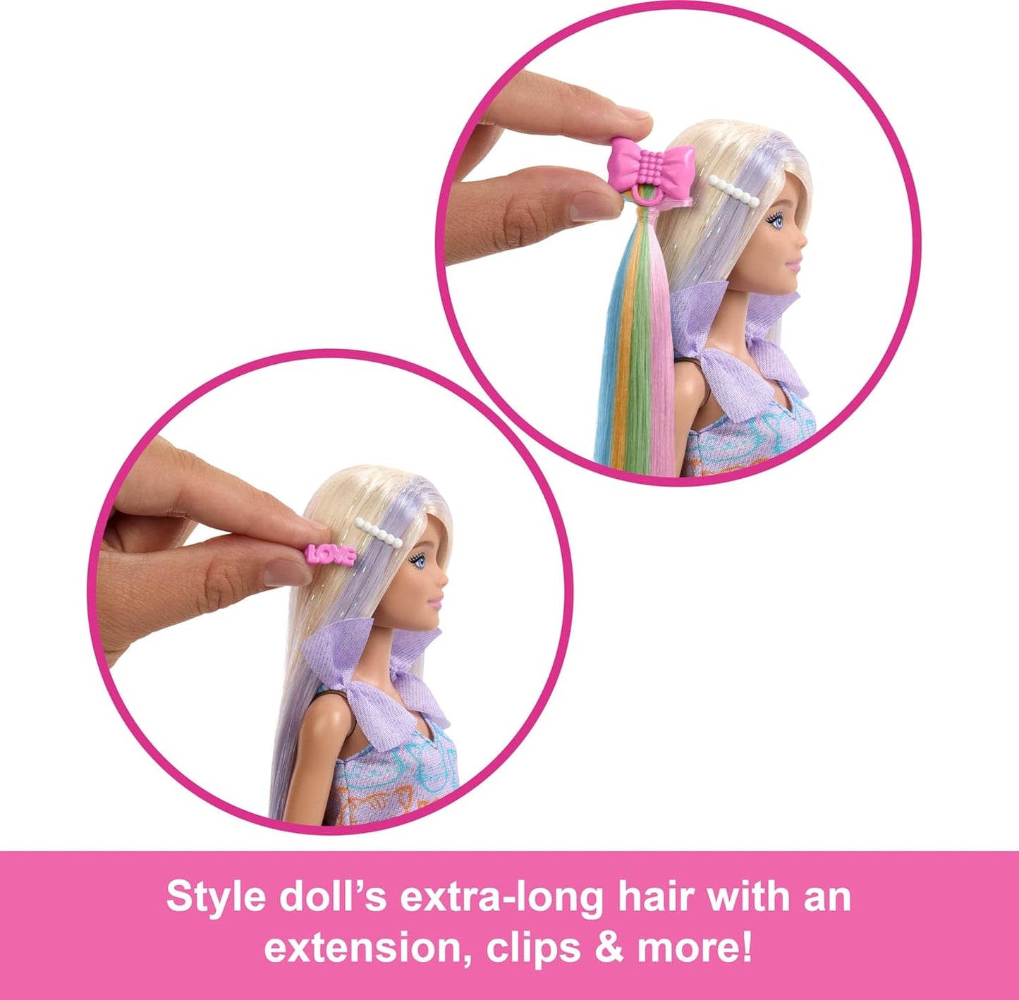 Barbie Fun & Fancy Blonde Fashion Doll – Extra-Long Hair, 2 Stylish Looks, Silver Metallic Dress & Colorful Hair Extension, Doll & Accessories Gift Set
