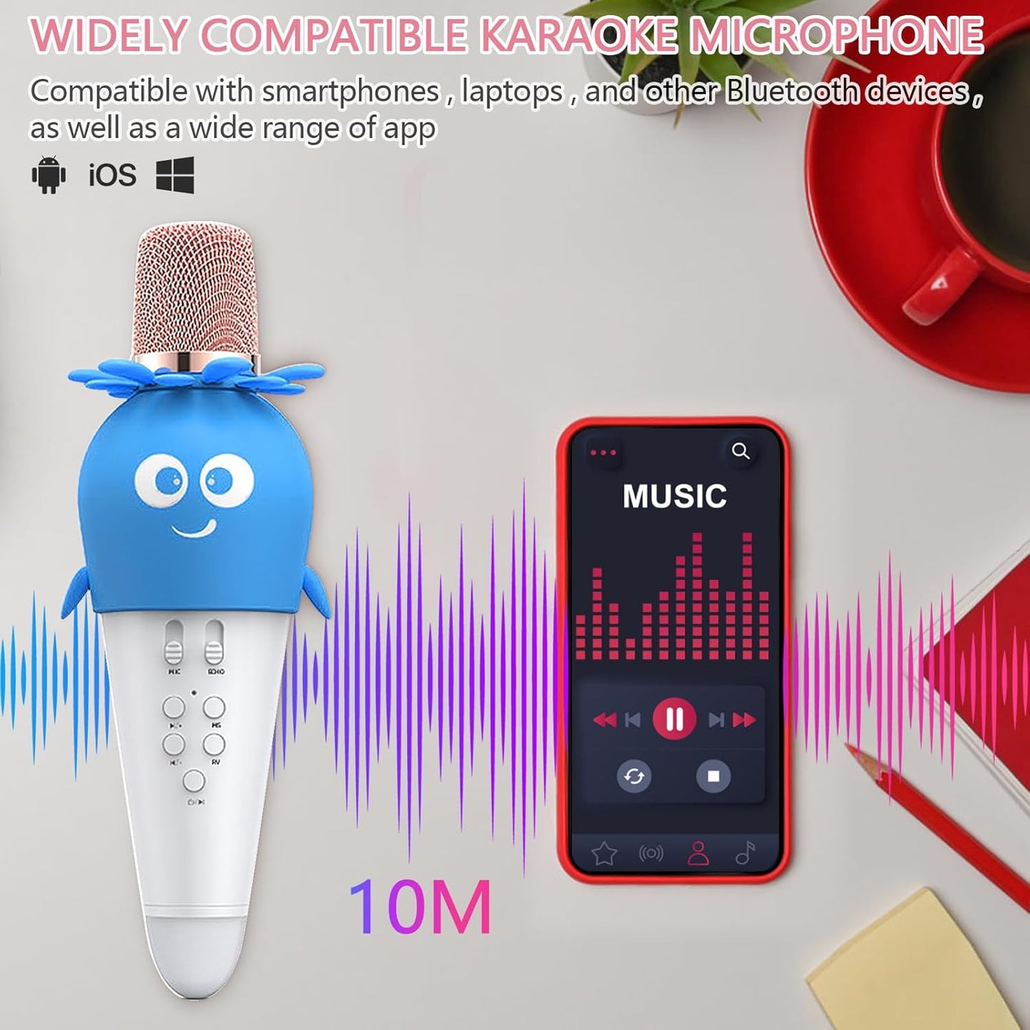 Wireless Bluetooth Karaoke Microphone, Portable 4D Stereo Mircophone with LED 7 Colorful Light, Intelligent Sound Repair Mic Speaker (Blue)