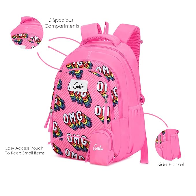 Genie School Bags OMG Kids Backpack – 15" Cute & Colorful Bag for Girls with Happy Pouch