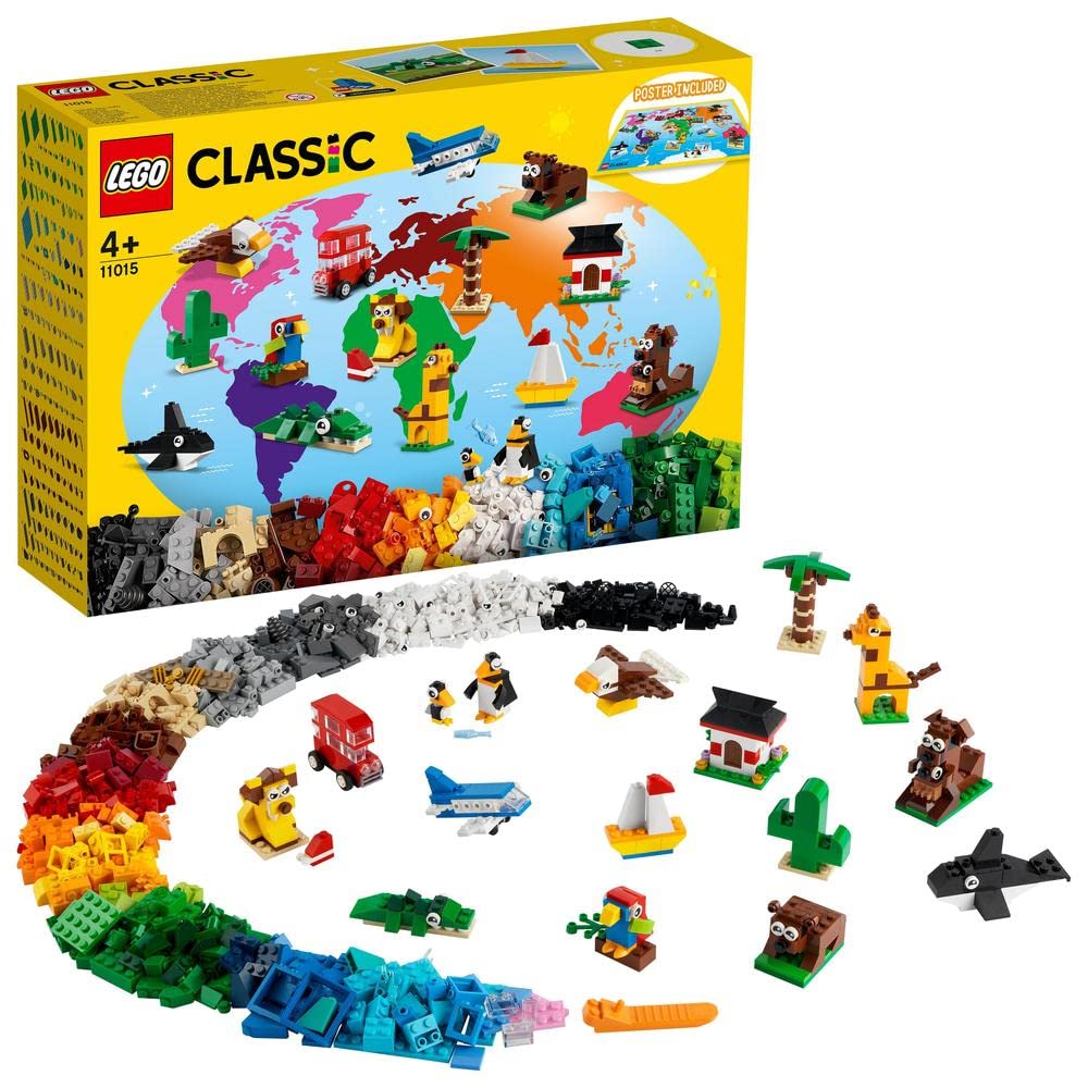 LEGO Classic Around The World 11015 set with 950 colorful bricks to build 15 world-themed models including animals, vehicles, and landmarks.