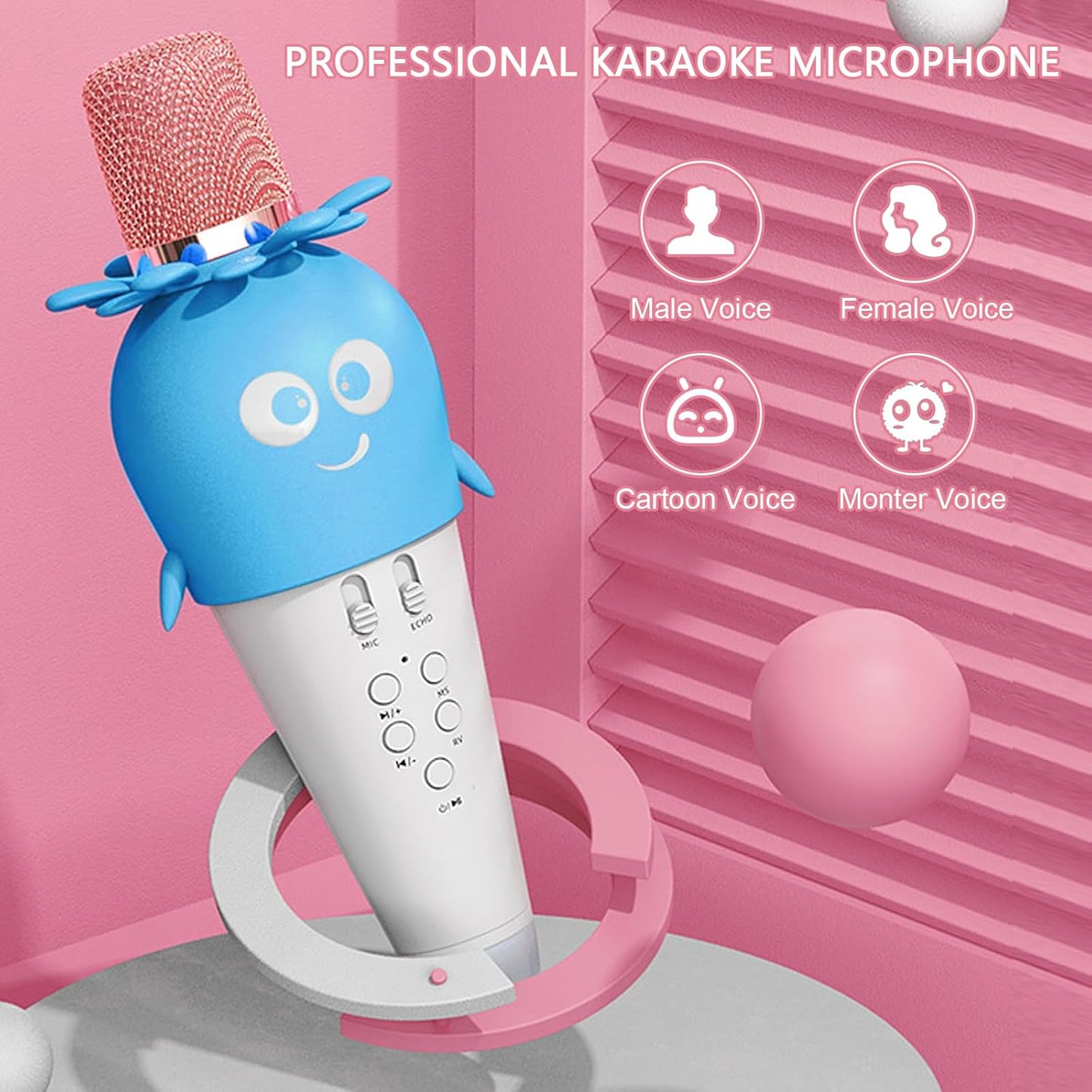Wireless Bluetooth Karaoke Microphone, Portable 4D Stereo Mircophone with LED 7 Colorful Light, Intelligent Sound Repair Mic Speaker (Blue)