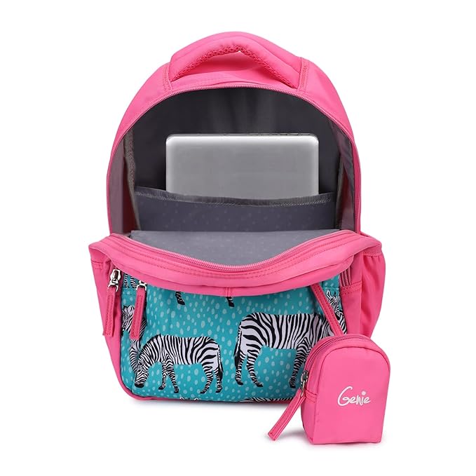 Genie Valerie Kids Backpacks, 15 inches, Cute, Colourful bags for girls, Water Resistant and Lightweight. 3 compartment with Happy Pouch