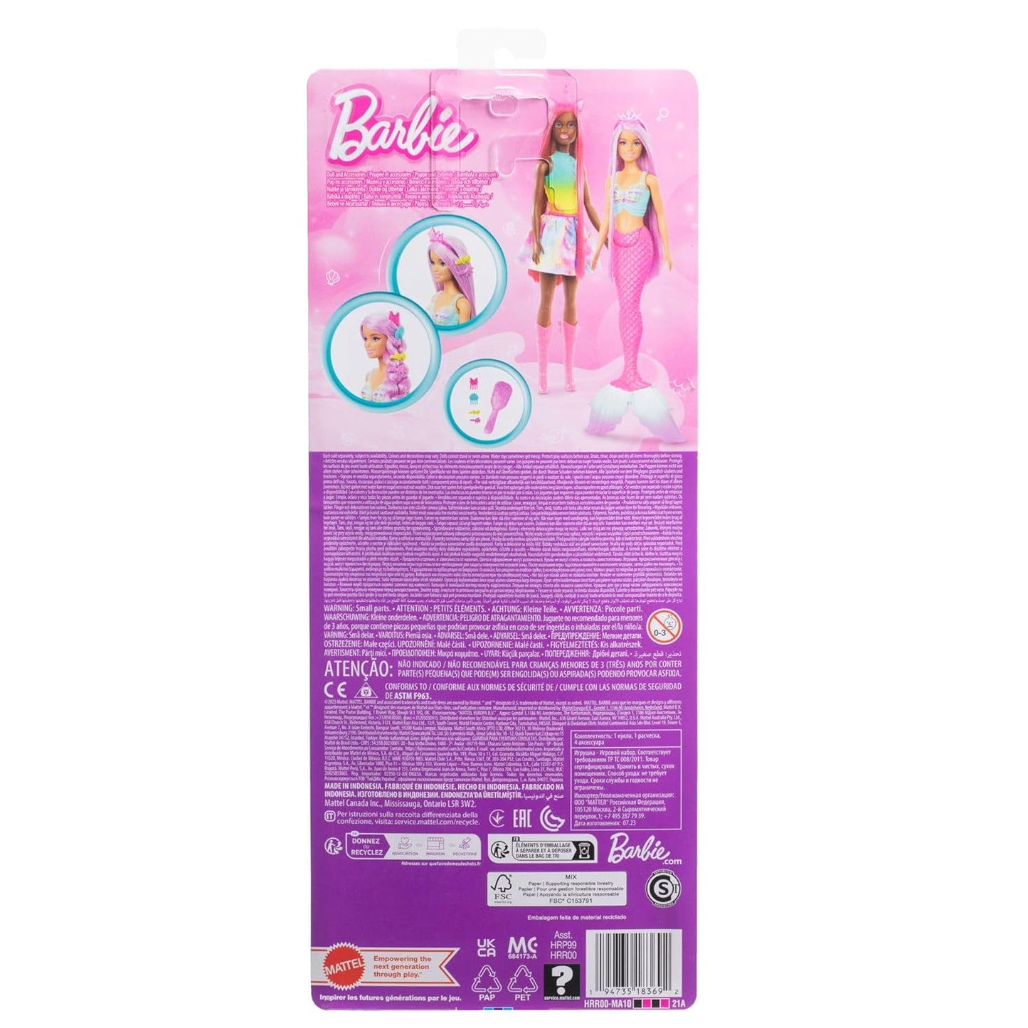 Barbie Mermaid Doll with 7-Inch-Long Pink Fantasy Hair and Colorful Accessories for Styling Play Like Headband and Barrettes